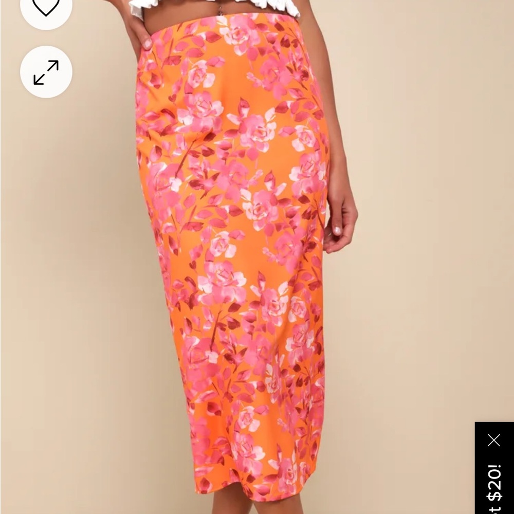 Lulus Gorgeous Muse Orange Floral Print Satin High Rise Midi Skirt